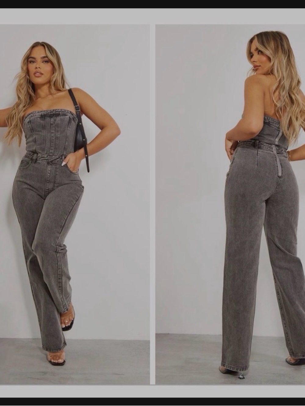 PrettyLittleThing Grey Strapless Denim Jumpsuit